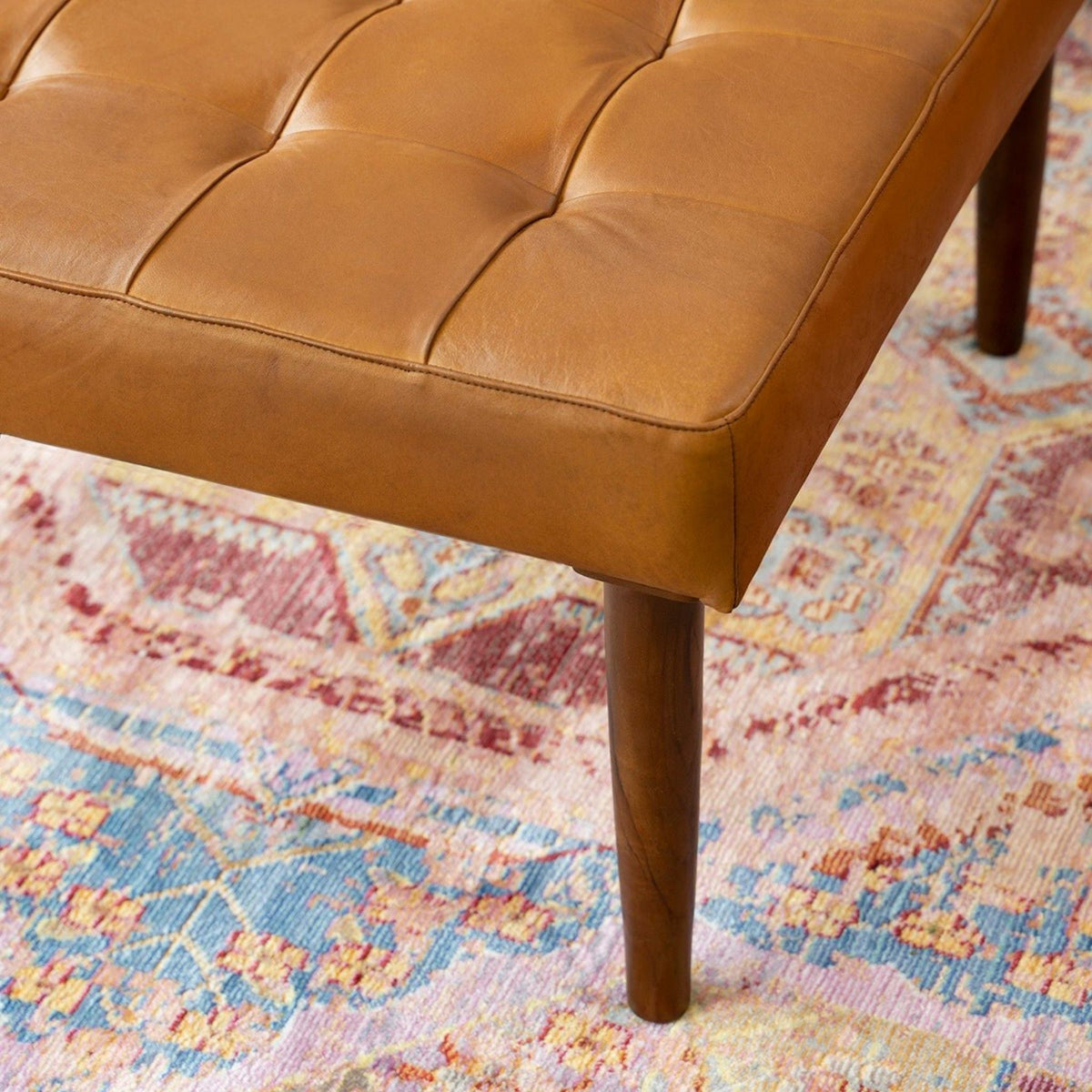 Tufted Square Genuine Upholstered Ottoman with High-Density Foam - Light Brown