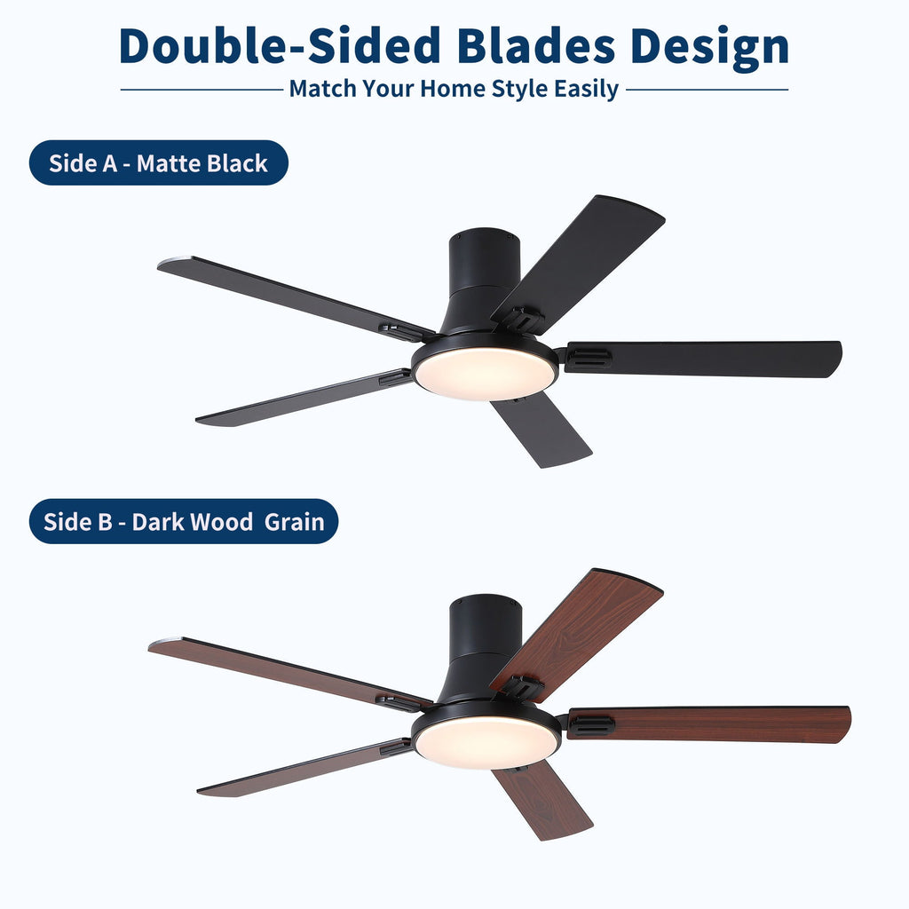 Flush Mount Ceiling Fan with LED Light and Remote Control - Black, White, Pearl Silver