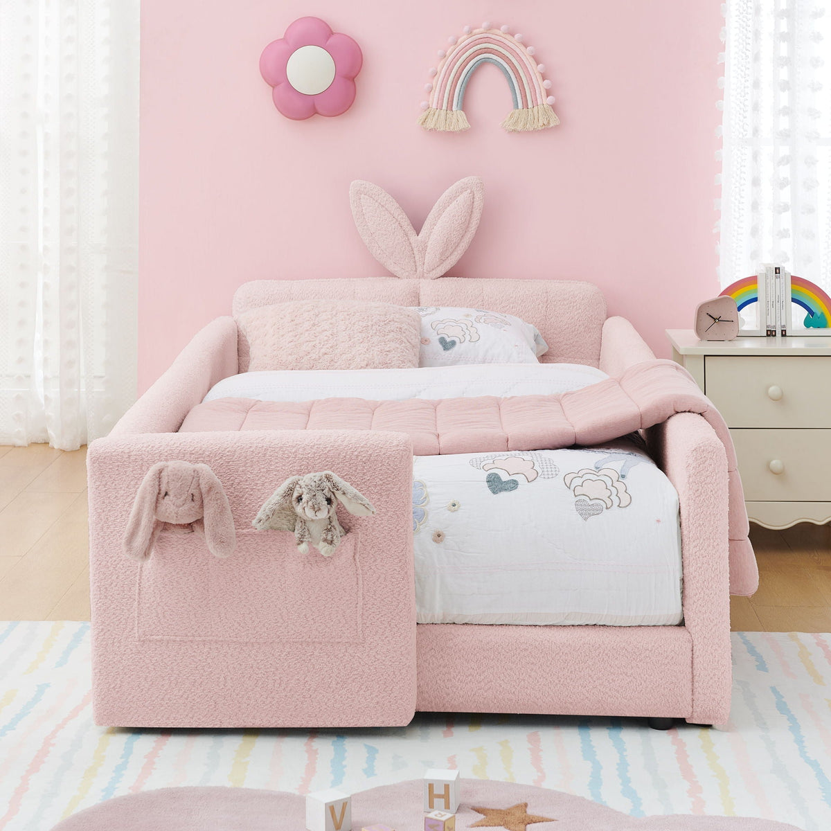 Cute Rabbit Ear Upholstered Platform Bed Frame with Safety Rail - Multiple Colors