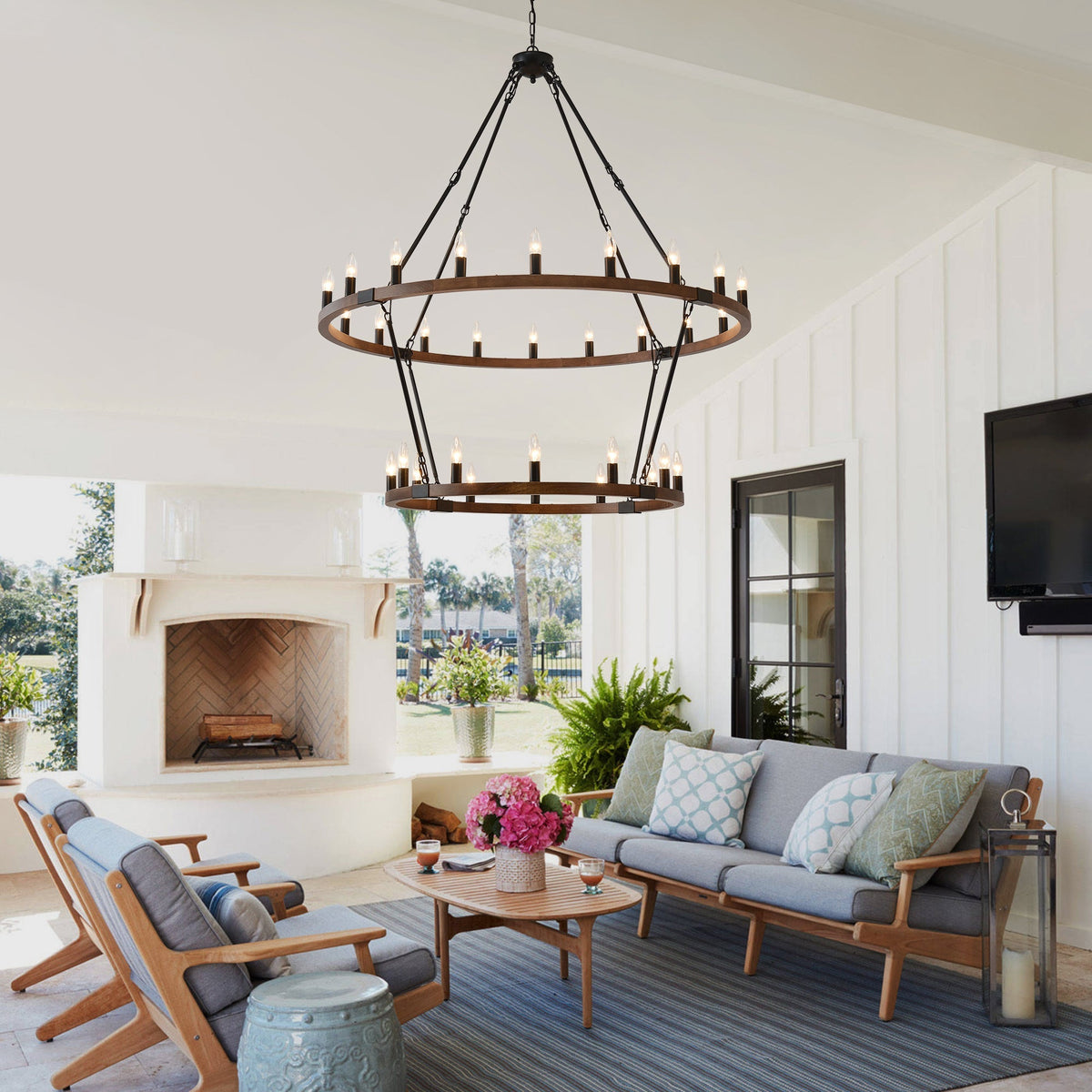 Large Solid Wood Wagon Wheel Chandelier with 2-Tier 32 Lights