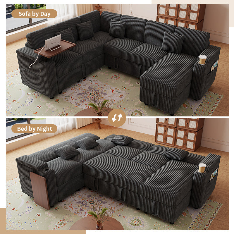 100-Inch Pull-Out Sofa with USB Ports and Cup Holder - Corduroy
