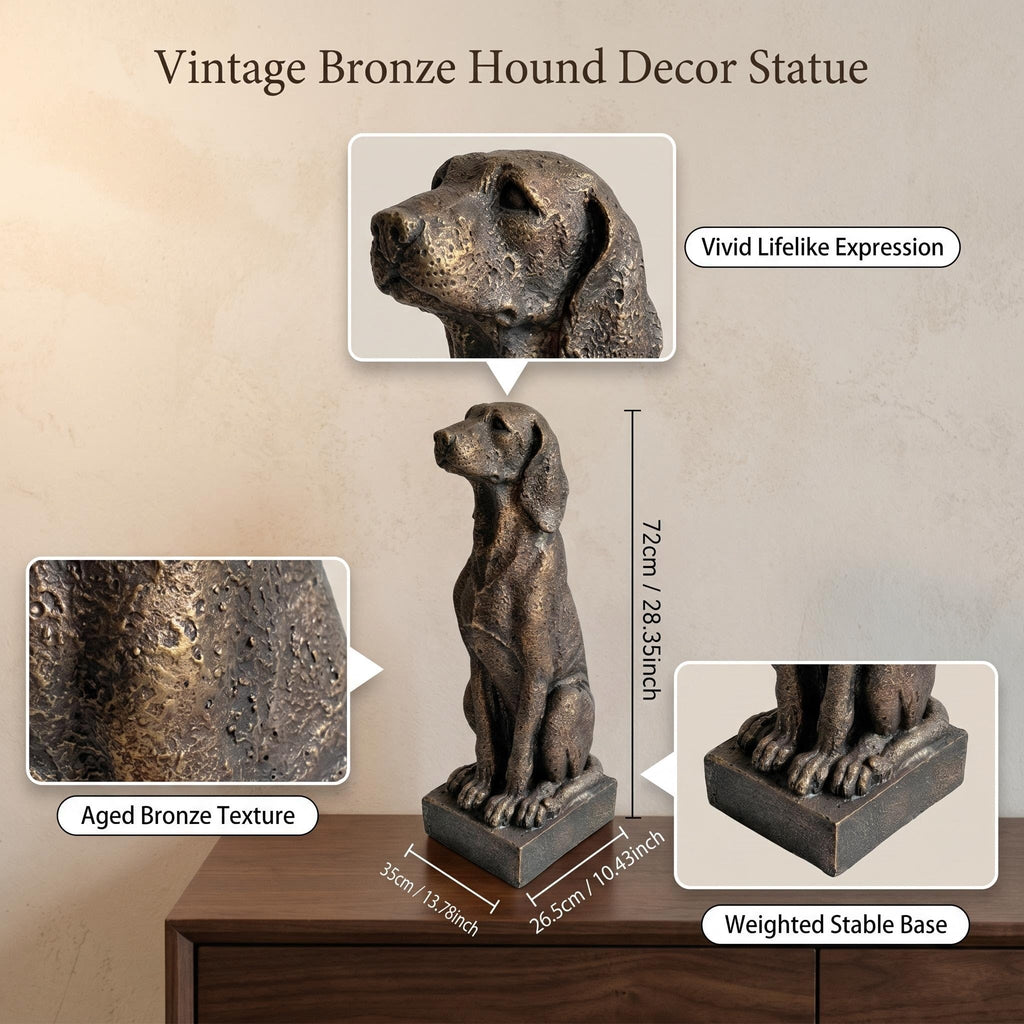 Vintage Bronze Sitting Hound Dog Statue with Antique Finish - Bronze