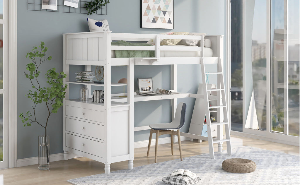Twin Loft Bed with Drawers and Desk - White