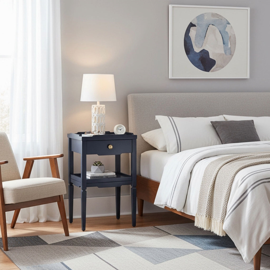 1 Drawer Nightstand with Solid Wood Frame - Blue, Dark Green, or White