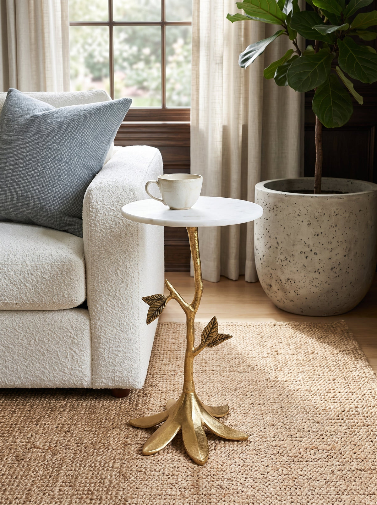 Leafy Branch Side Table with Marble Top - Gold Finish