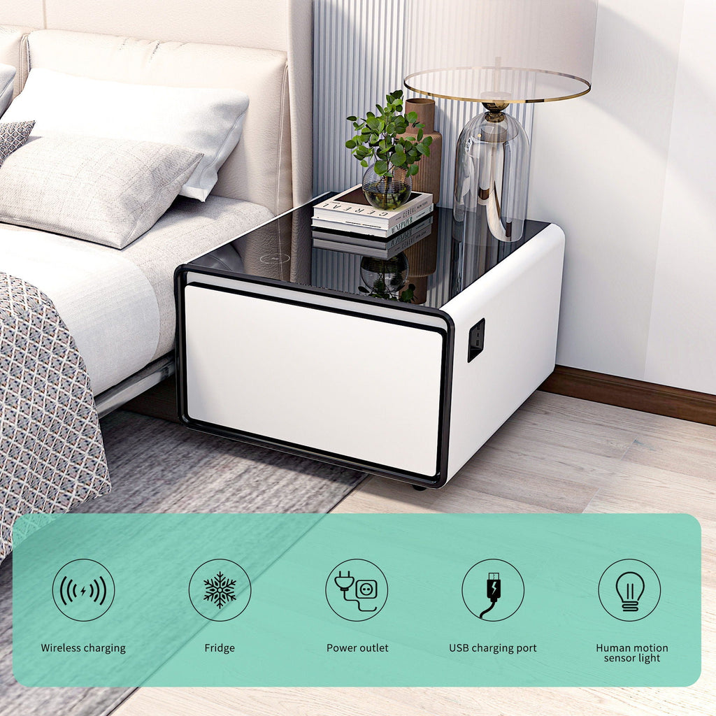 Modern Smart Side Table with Built-In Fridge and Wireless Charging - Black or White