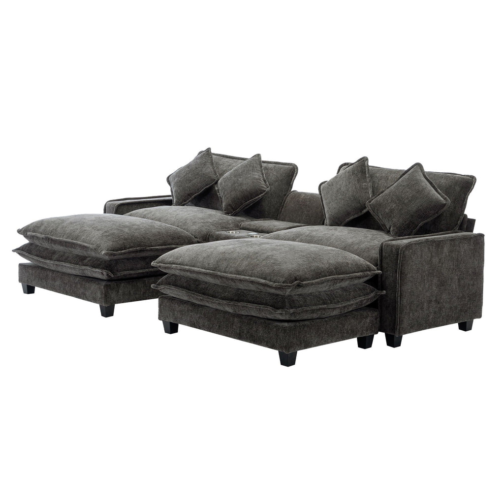 Modern Sectional Sofa with Removable Ottomans, USB Ports - Dark Gray or Light Blue