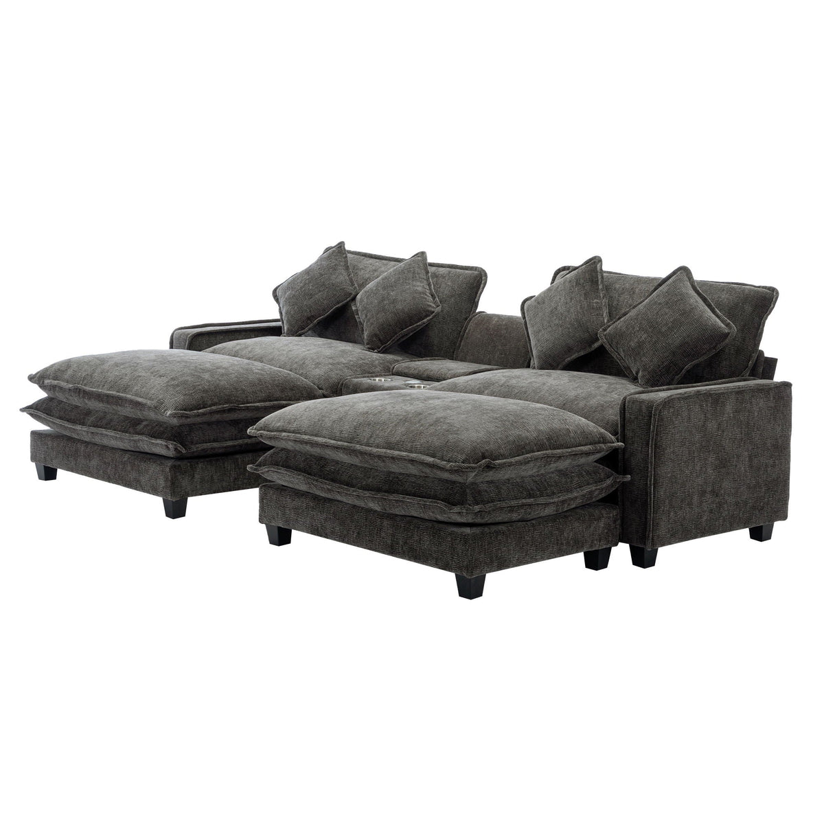 Modern Sectional Sofa with Removable Ottomans, USB Ports - Dark Gray or Light Blue