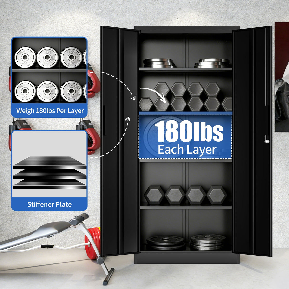 Steel Garage Storage Cabinet with Adjustable Shelves and Lock – Black or White