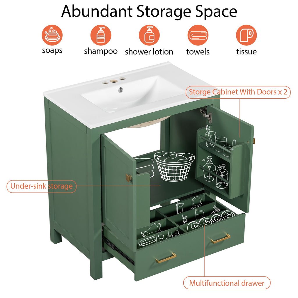 Green Bathroom Vanity with Single Undermount Sink and Storage - Solid Wood