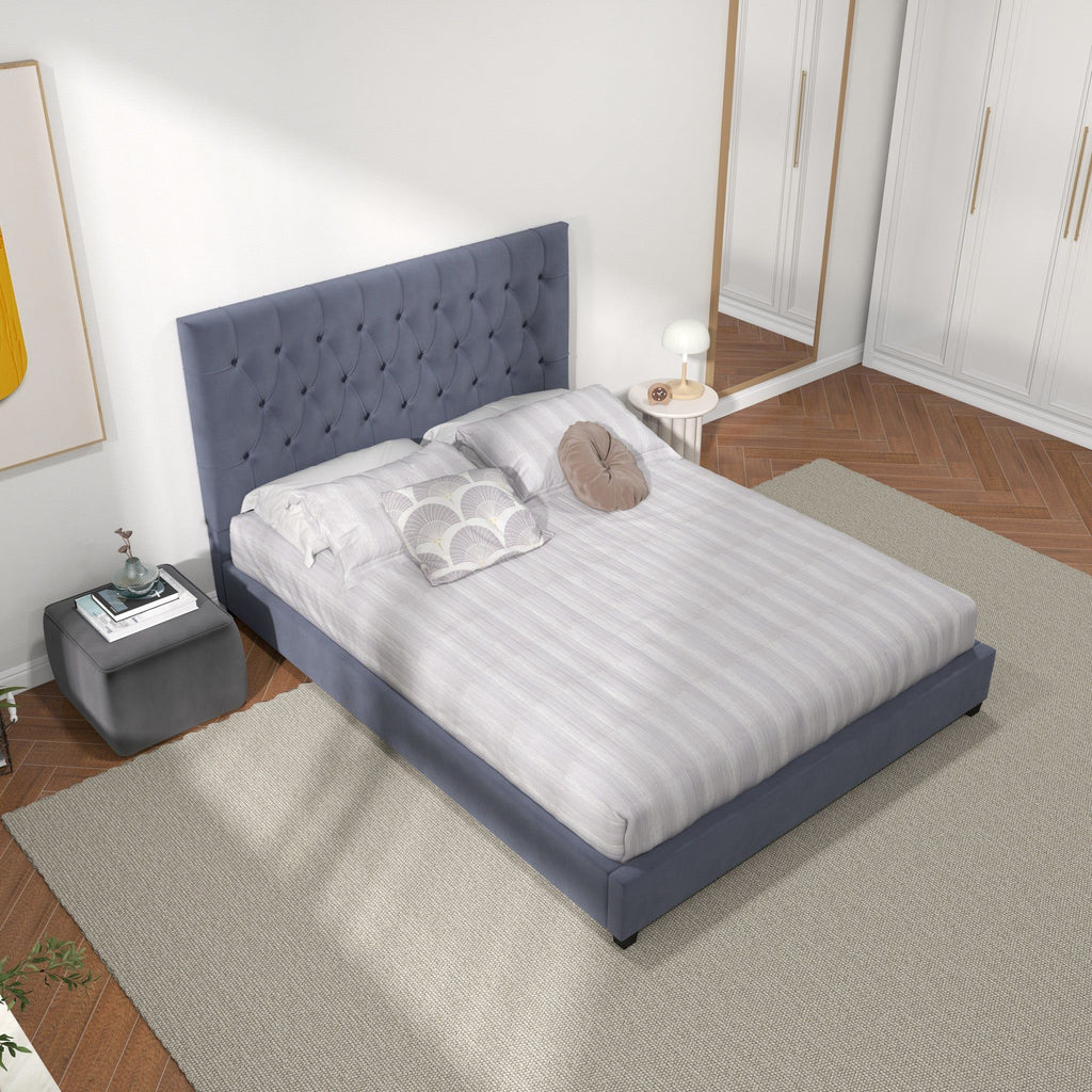 Dark Gray Mid-Century Modern Upholstered Platform Bed with Foam Headboard