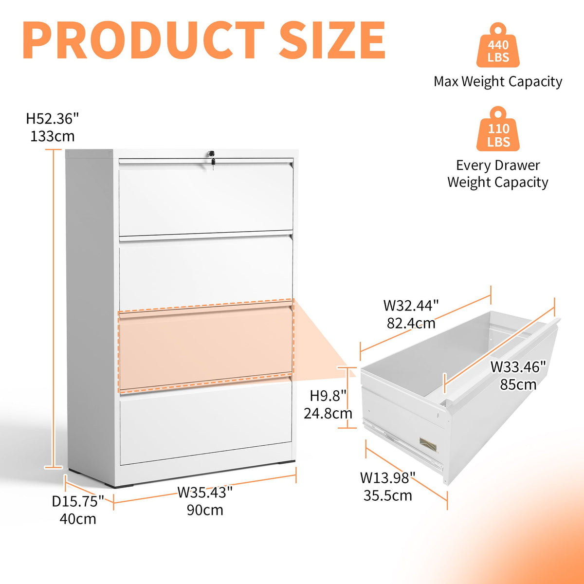 Premium Drawer Metal Lateral File Cabinet with Lock - Black or White