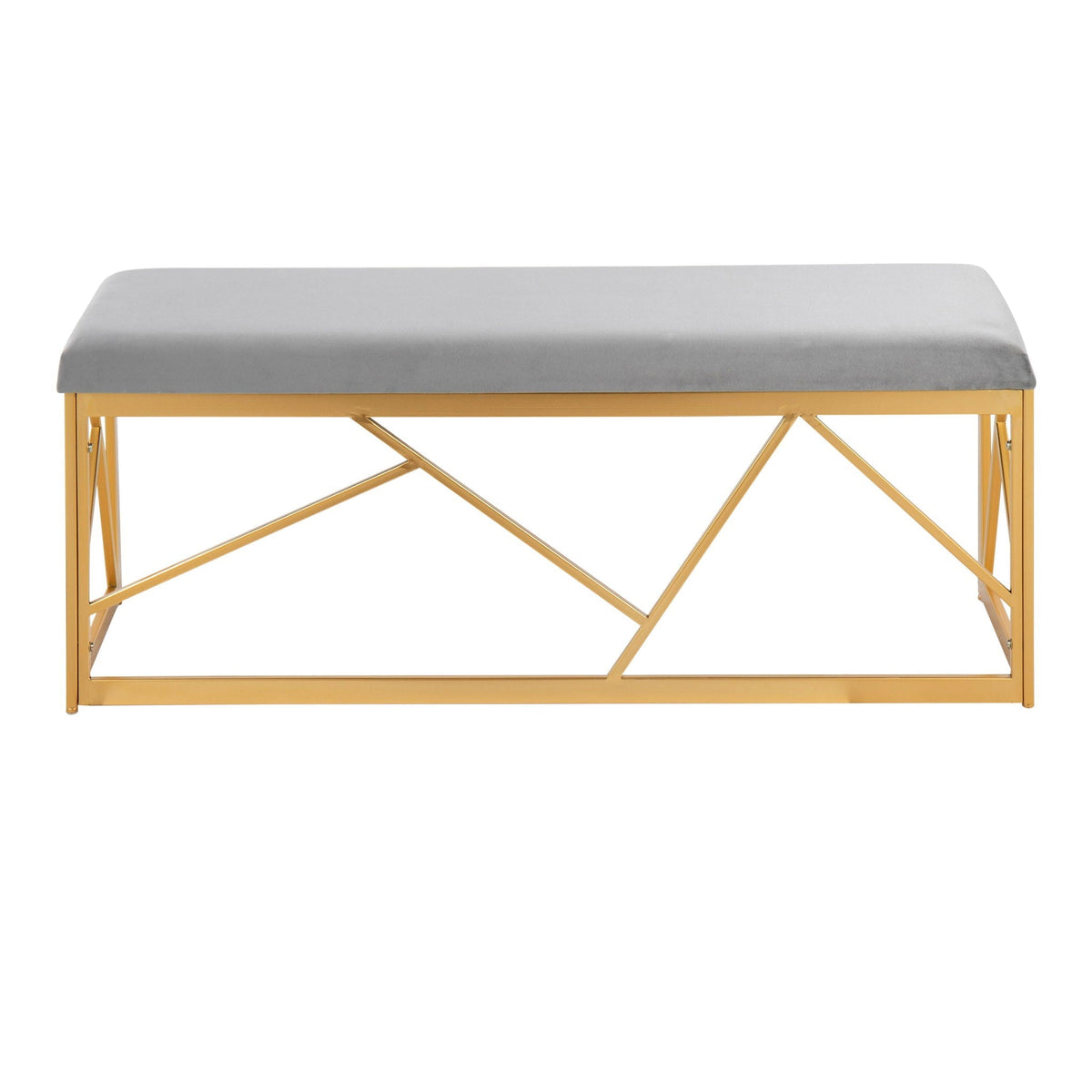 Glam Upholstered Bench with Geometric Metal Frame - White or Gray