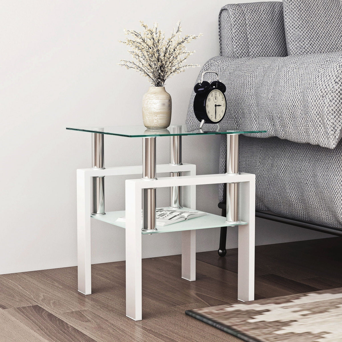 Modern Tempered Glass End Table with Metal Frame - Black or White