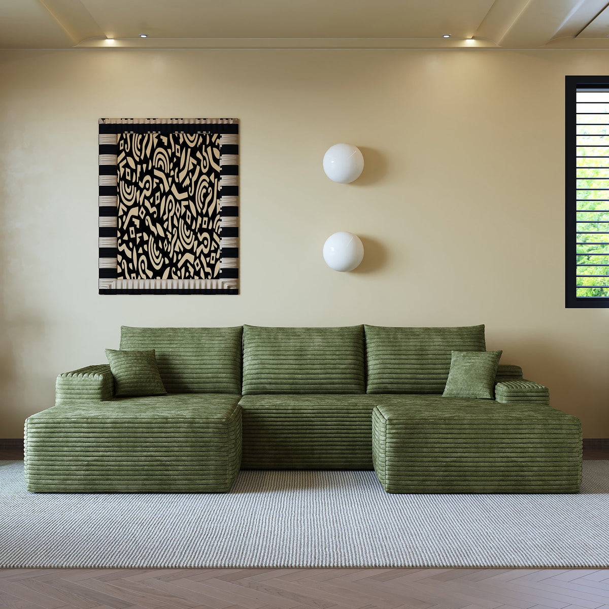 107" Cloud Sectional Sofa with Ottoman with Plush Corduroy - Black or Green