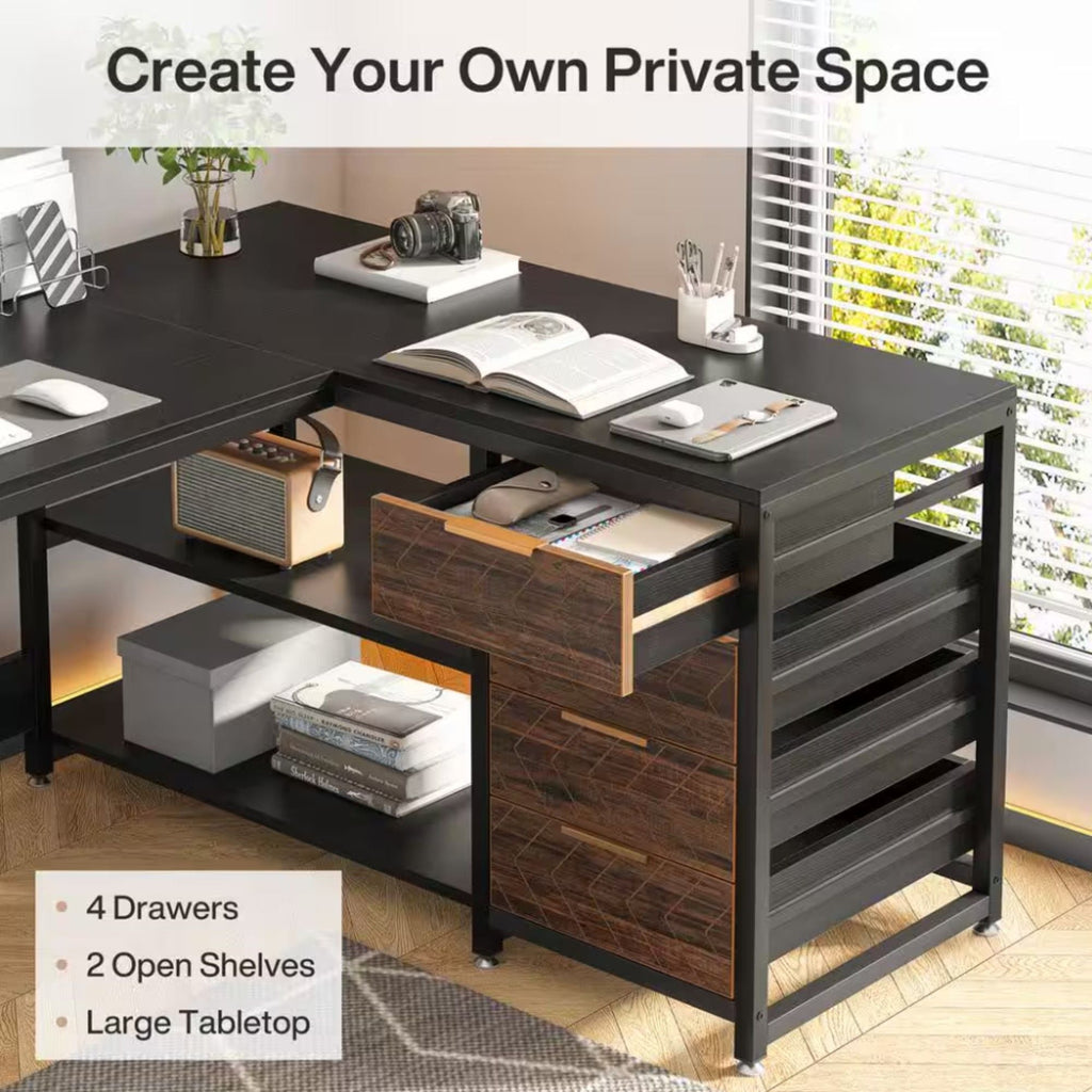 L-Shaped Computer Desk with Drawers and Shelves - Black or Dark Brown