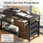 L-Shaped Computer Desk with Drawers and Shelves - Black or Dark Brown