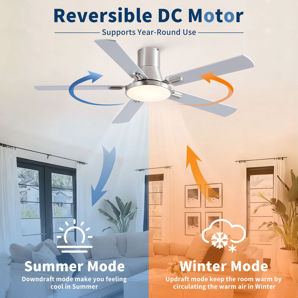 Flush Mount Ceiling Fan with LED Light and Remote Control - Black, White, Pearl Silver