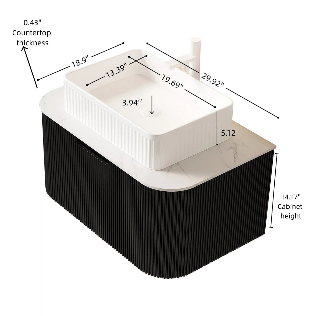 30" Floating Bathroom Vanity with Ceramic Basin & Storage - Black, Carrara White, White