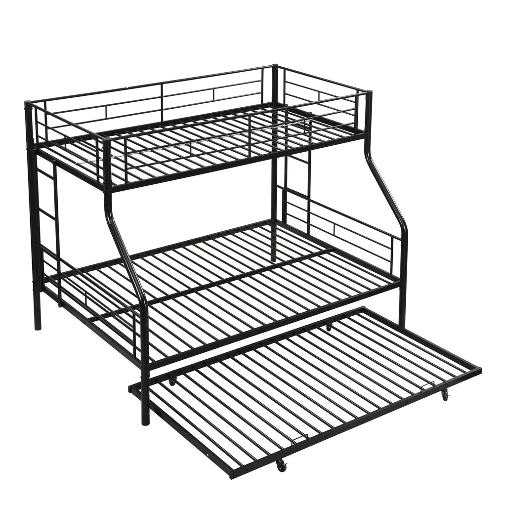 Twin Over Full Modern Metal Bunk Bed with Trundle - Black