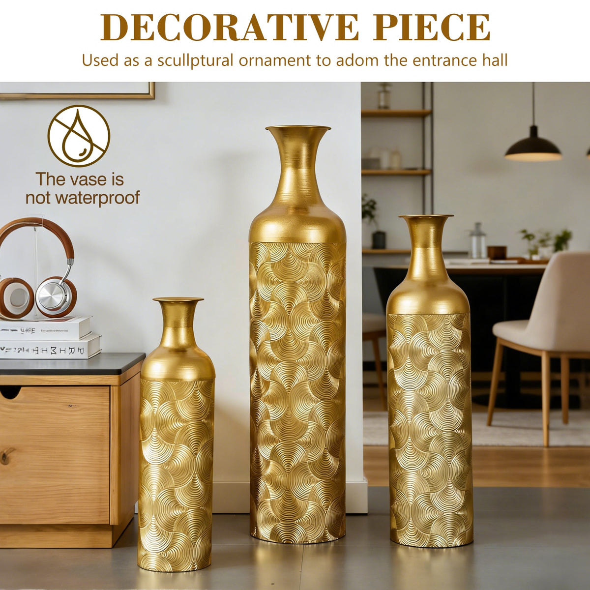Semi-Handcrafted Metal Vase Set with Embossed Texture - Gold