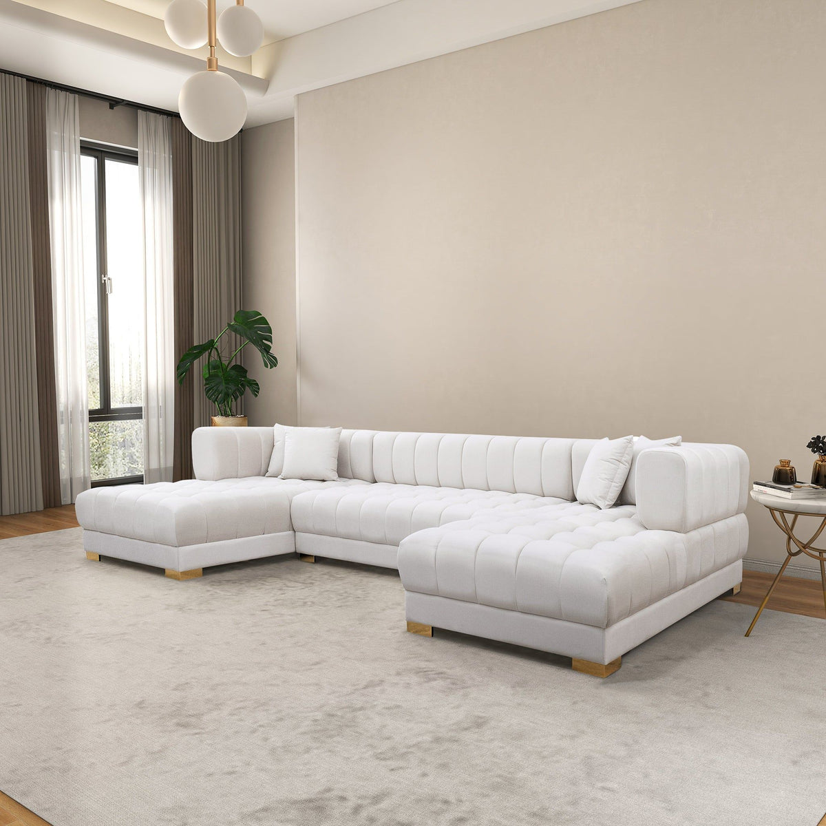 U Shape Corner Sofa with Solid Wood Frame and Plush Cushions - Beige