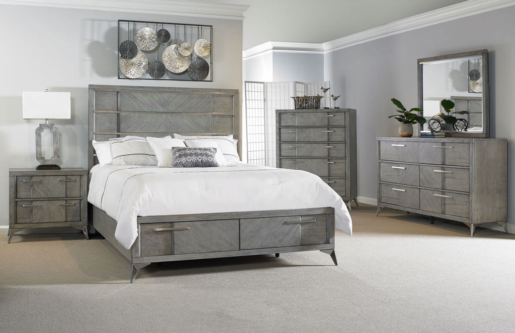 Dark Gray Storage Bed with Bookmatched Veneer and Lighted Headboard