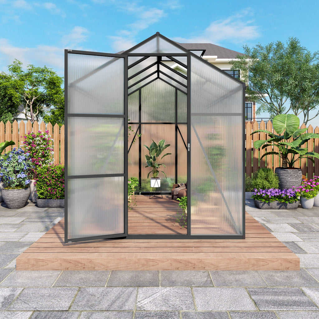 Windproof Greenhouse with Raised Base - Polycarbonate Panels - Black