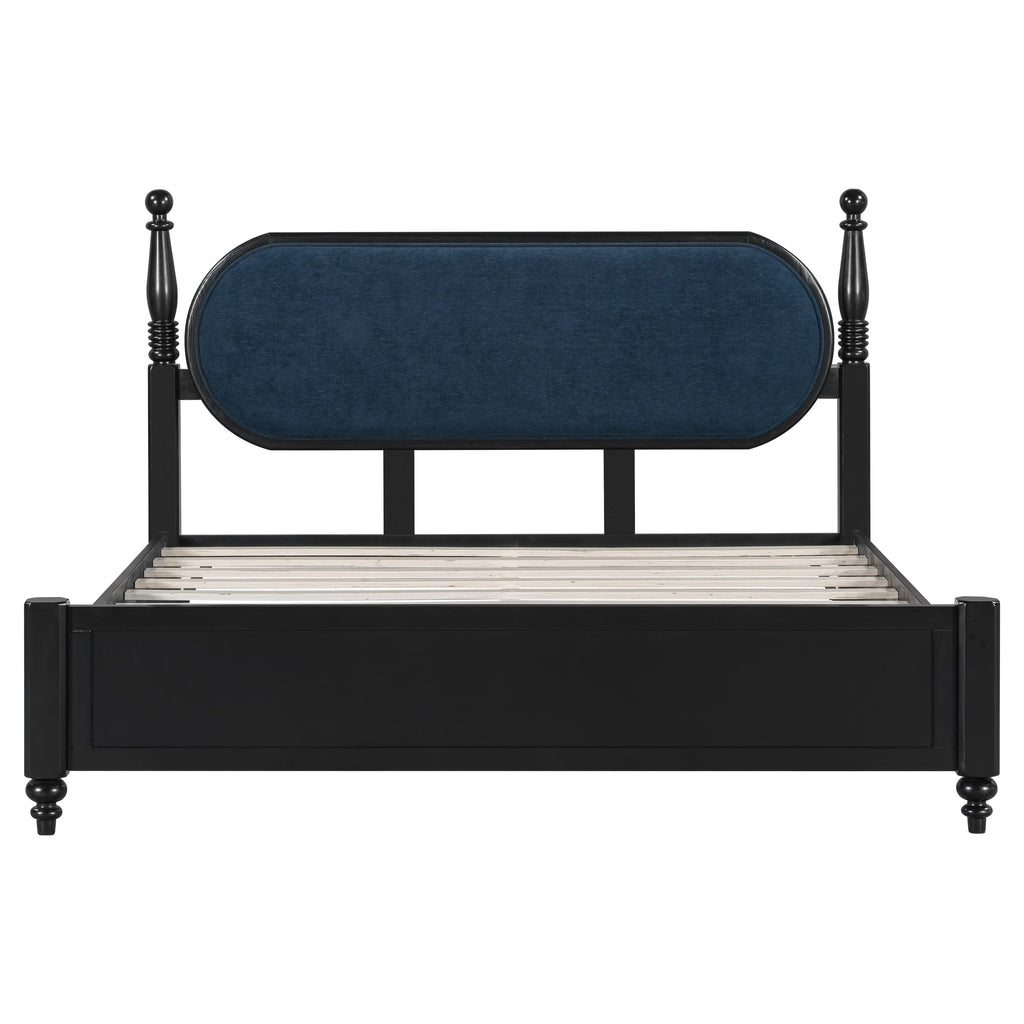 Queen Bed Frame Solid Wood Platform with Upholstered Headboard - Black, Navy Blue