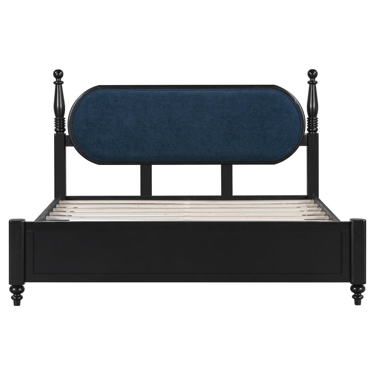 Queen Bed Frame Solid Wood Platform with Upholstered Headboard - Black, Navy Blue