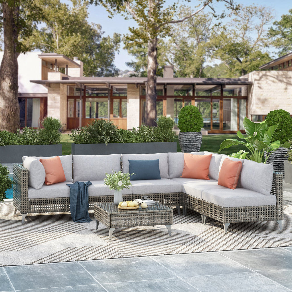 7-Piece Wicker Patio Furniture Set with Water-Resistant Cushions - Neutral