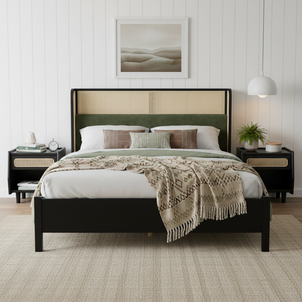 King Size Bed Frame with Upholstered Headboard - Black and Green