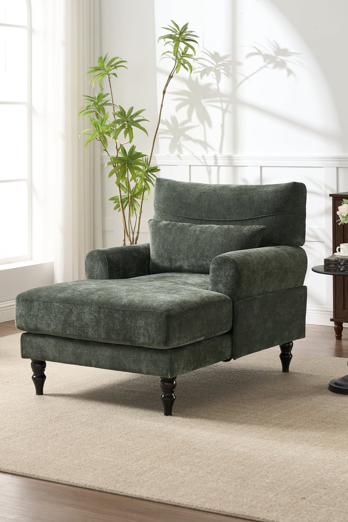 Modern Green Chaise Lounge Upholstered Sofa Recliner Chair with Solid Wood Frame