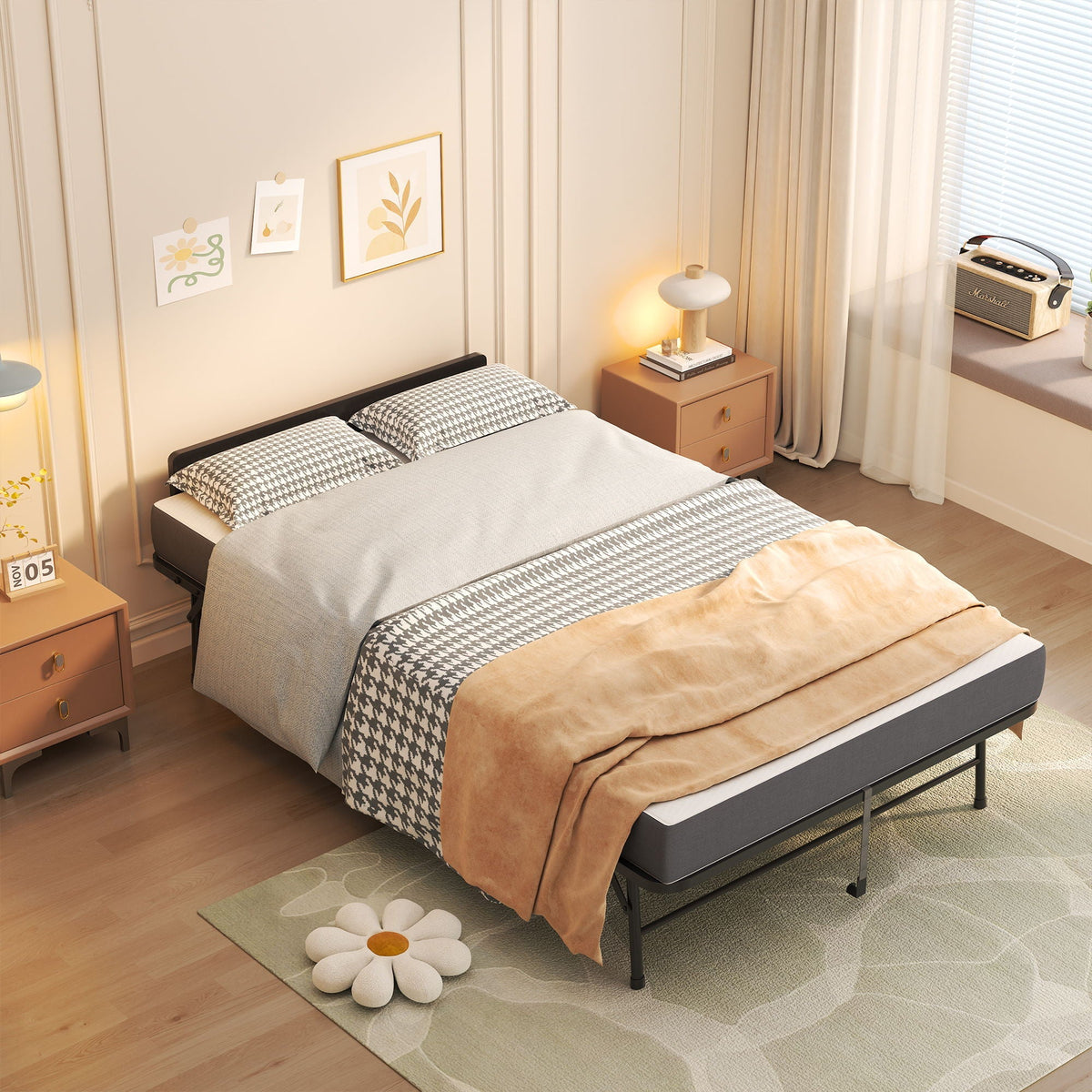 Twin Wide Folding Rollaway Bed with Adjustable Headboard and Memory Foam Mattress - Black
