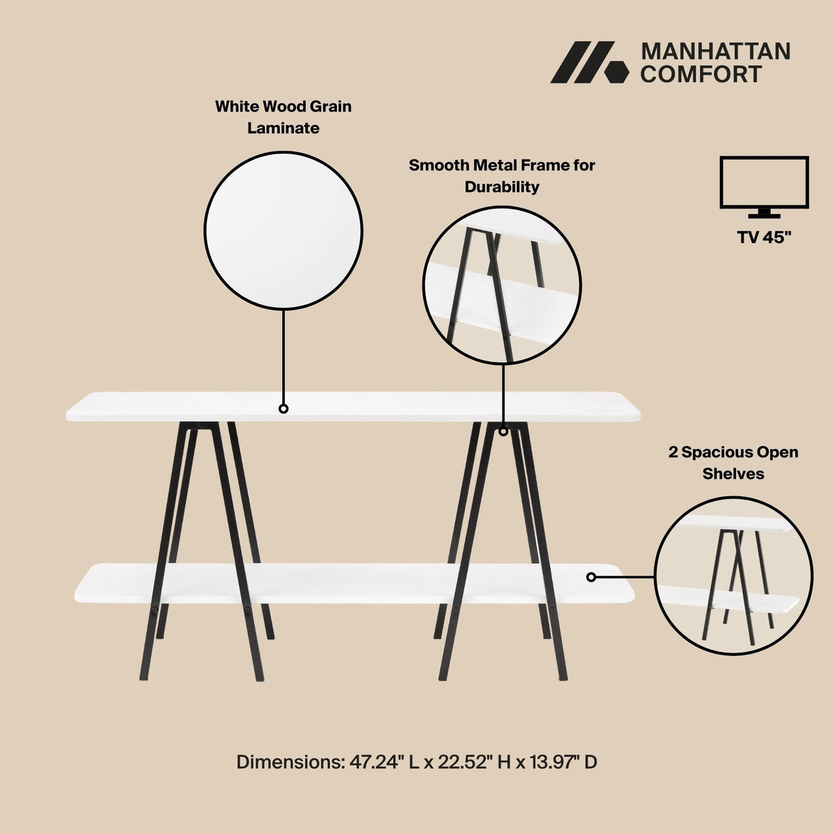 Modern Console Table with Carbon Steel Legs - Gray, White, Black