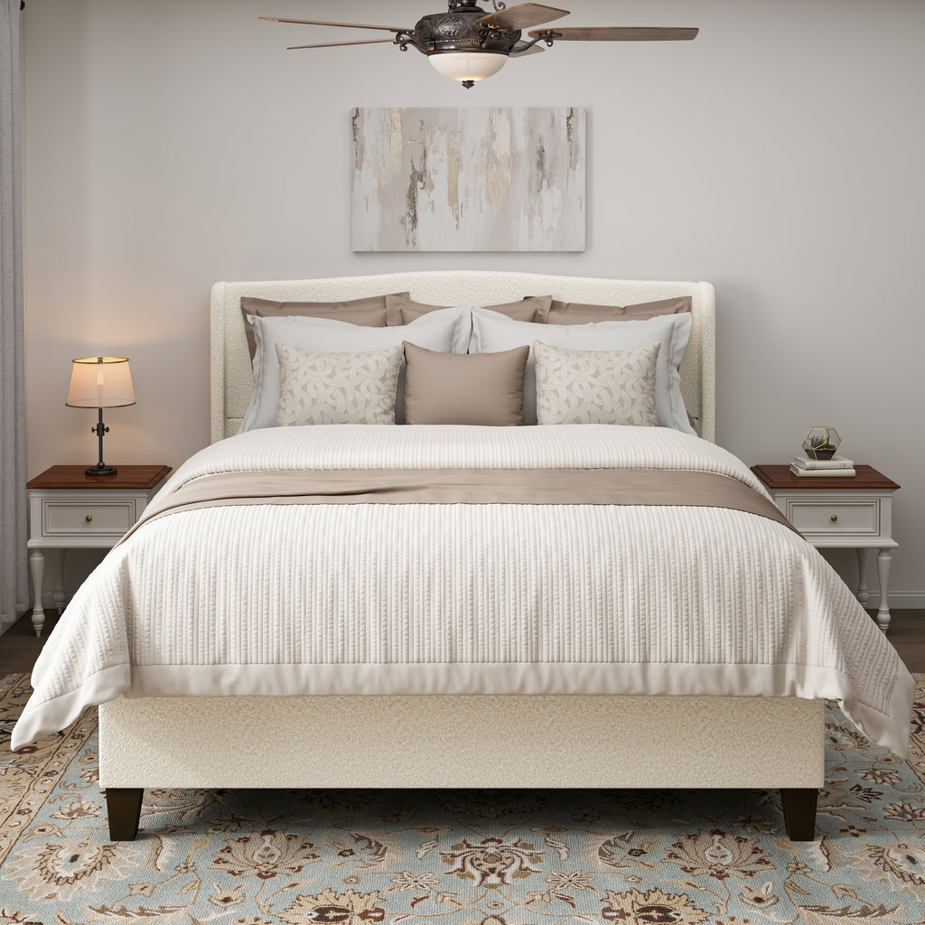 King Size Bed Frame with Upholstered Teddy Velvet Headboard - White