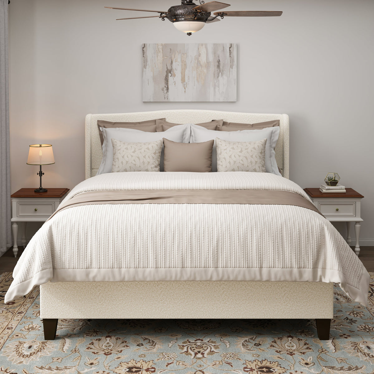 King Size Bed Frame with Upholstered Teddy Velvet Headboard - White