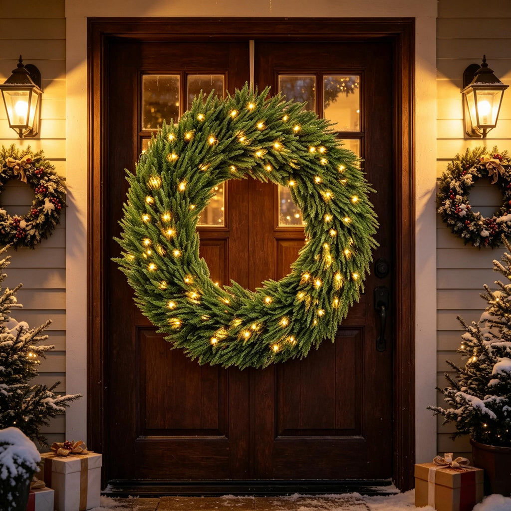 36-Inch Pre-Lit Christmas Wreath with Warm White Lights - Green