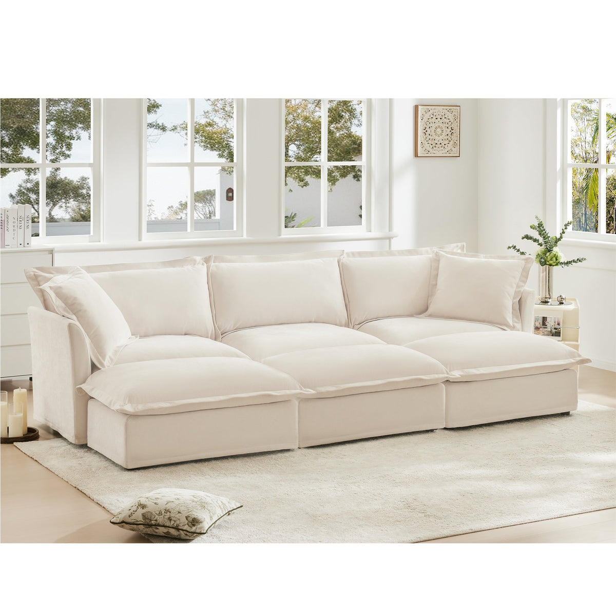 Oversized Chenille Living Room Sofa with 3 Ottomans and Removable Covers