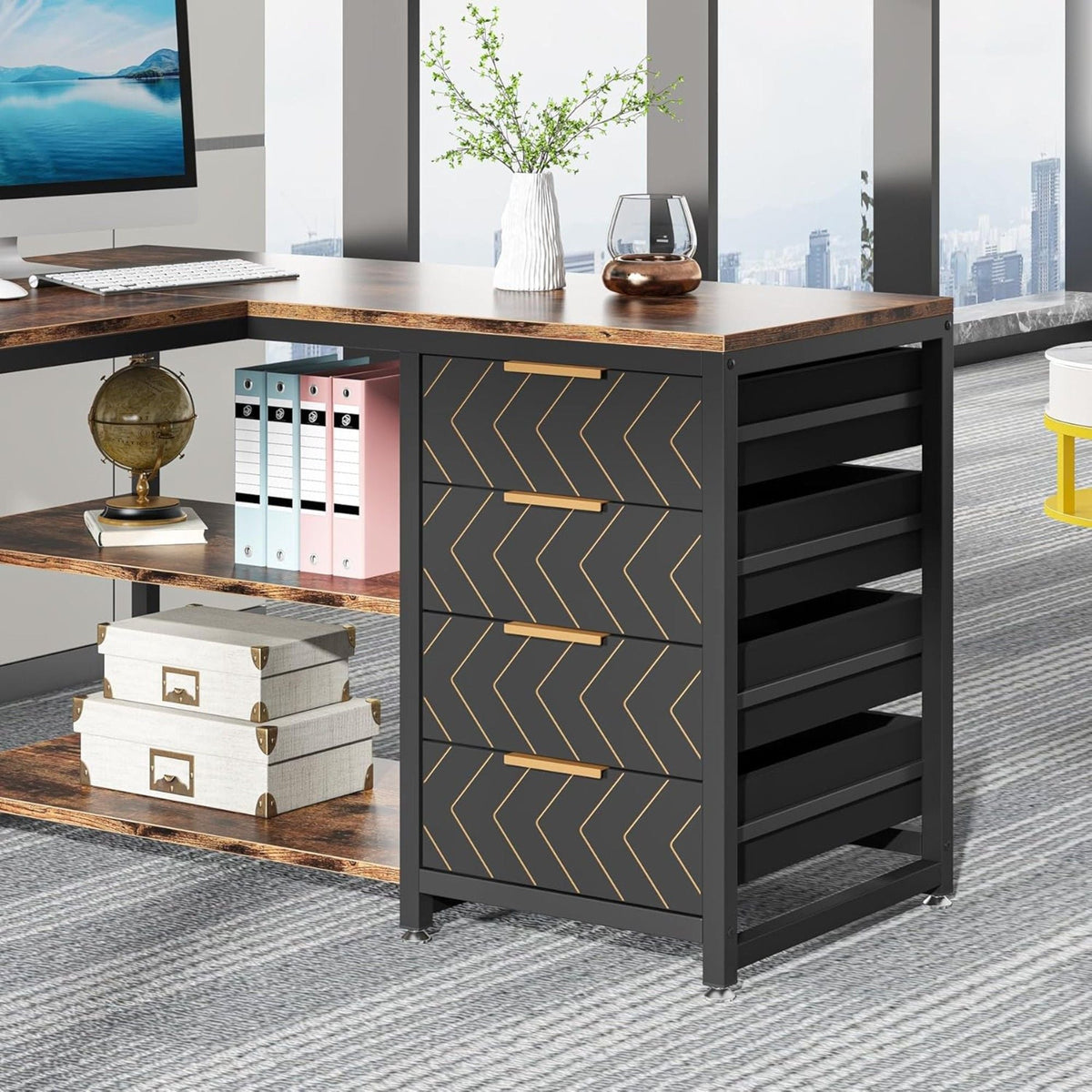 L-Shaped Computer Desk with Drawers and Shelves - Black or Dark Brown