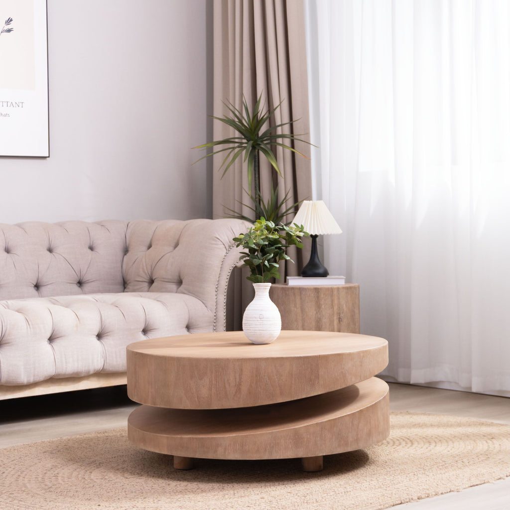 Modern Round Wood Coffee Table with Sculptural Two-Tier Design - Natural