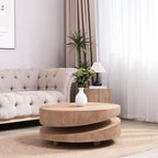 Modern Round Wood Coffee Table with Sculptural Two-Tier Design - Natural