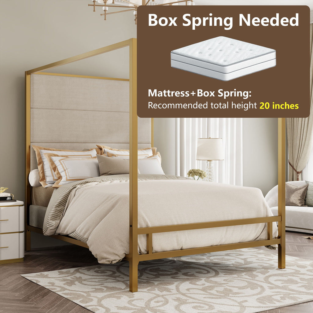 Canopy Bed With Tall Upholstered Headboard - 4 Poster Frame - Gold or Black