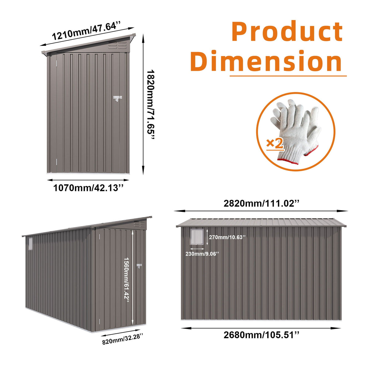 Lean-To Storage Shed with Windows and Sloping Roof - Gray