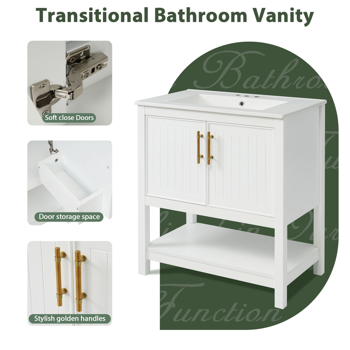 Elegant Bathroom Vanity with Ceramic Sink and Storage - White or Green