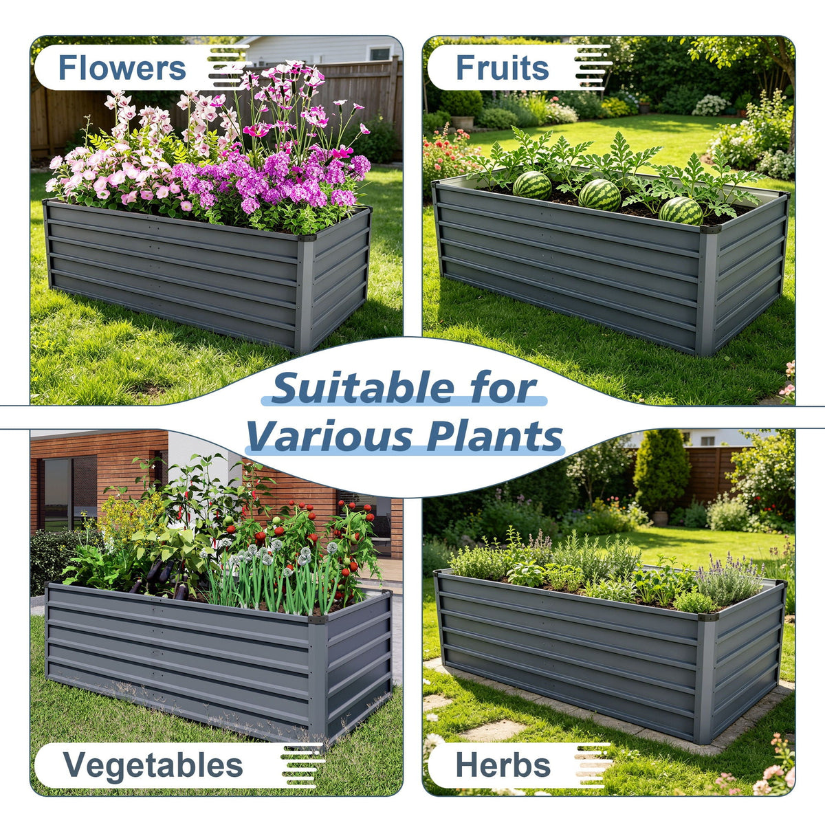 Large Galvanized Steel Garden Bed with Open-Bottom Drainage - Dark Gray