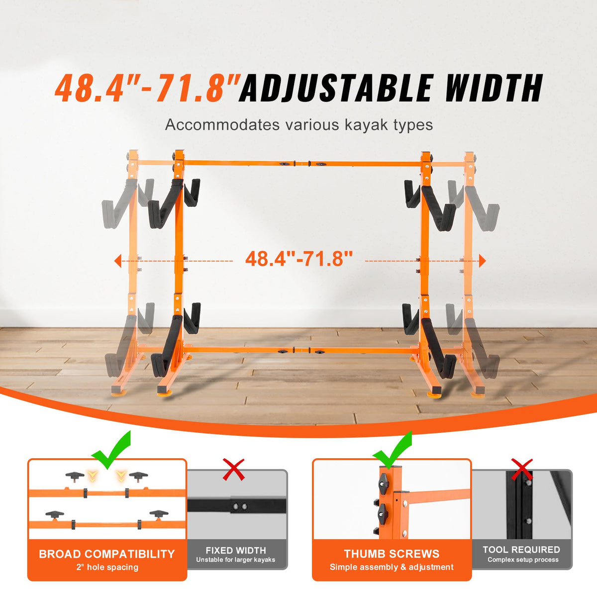 Freestanding Kayak Storage Rack with Adjustable Width - Orange or Natural