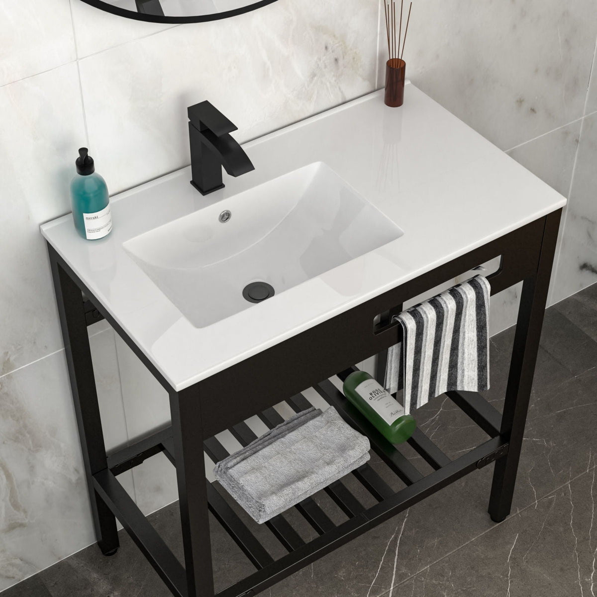 Console Sink with Durable Porcelain and Black Steel Legs - White