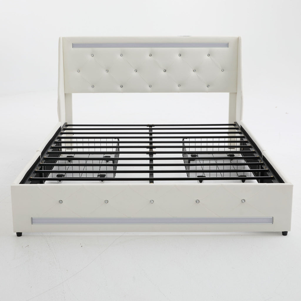 Wingback Upholstered Bed Frame with LED Lights and Charging Station - Black or White