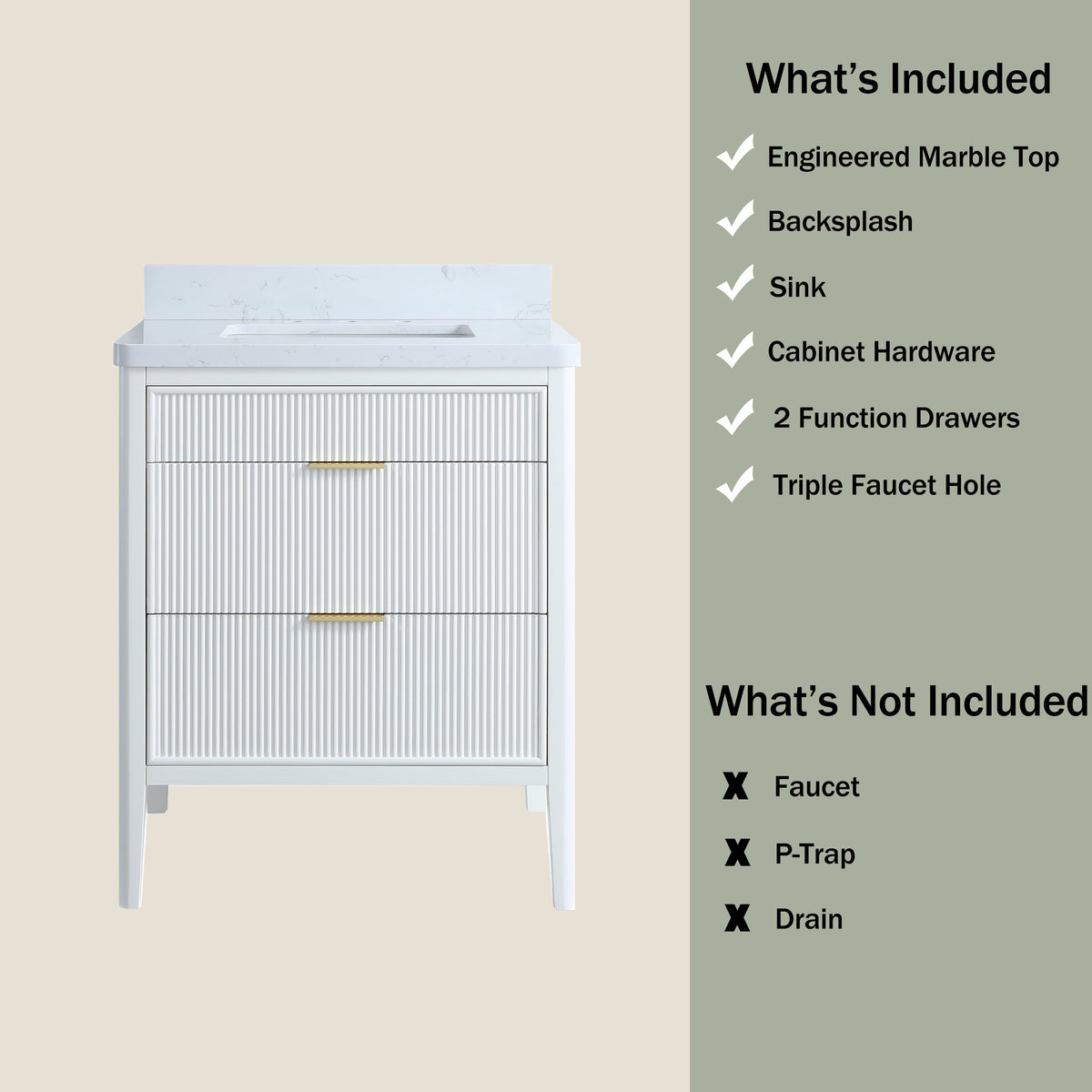 Fully Assembled 30'' Bathroom Vanity with Engineered Marble Top - White